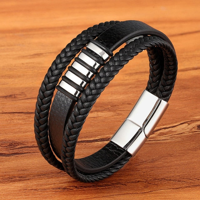 Stainless Steel Charm Magnetic Black Men Bracelet Leather Genuine Braided Punk Rock Bangles