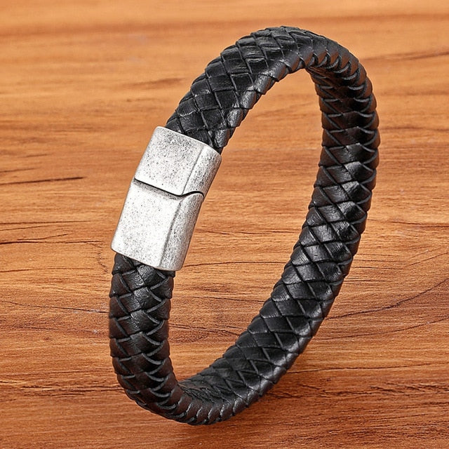 Stainless Steel Charm Magnetic Black Men Bracelet Leather Genuine Braided Punk Rock Bangles